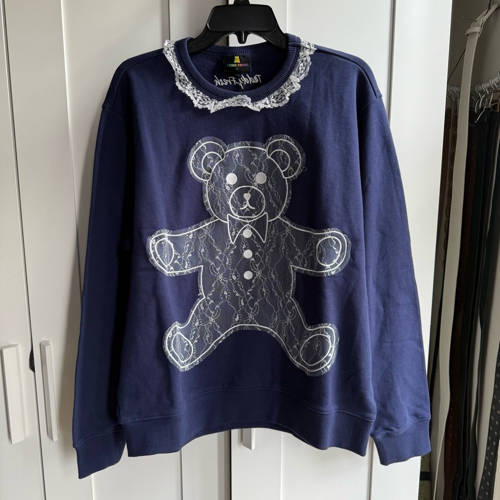 Teddy Fresh Blue and White Hoodie with Whimsical Bear Design
